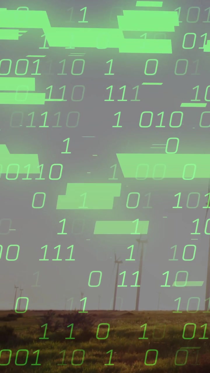 Vertical video: Wind turbines staying on plain data starting green code layer hiding energy horizon