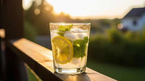 Refreshing Lemonade with Mint in a Glass Caught in the Golden Glow of Sunset, Perfectly Capturing the Essence of Summer Vibes and Leisurely Moments