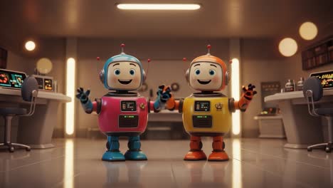 two colorful robots in a futuristic laboratory showcasing joy and friendship, engaged in playful interaction with high-tech background