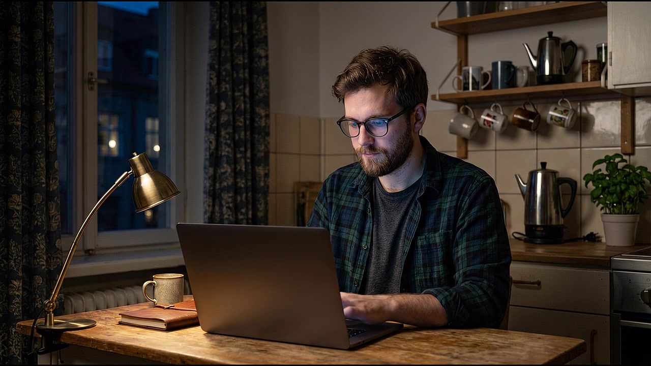 Ingegnere del software remoto che sviluppa codice sul laptop in un accogliente spazio di lavoro domestico.