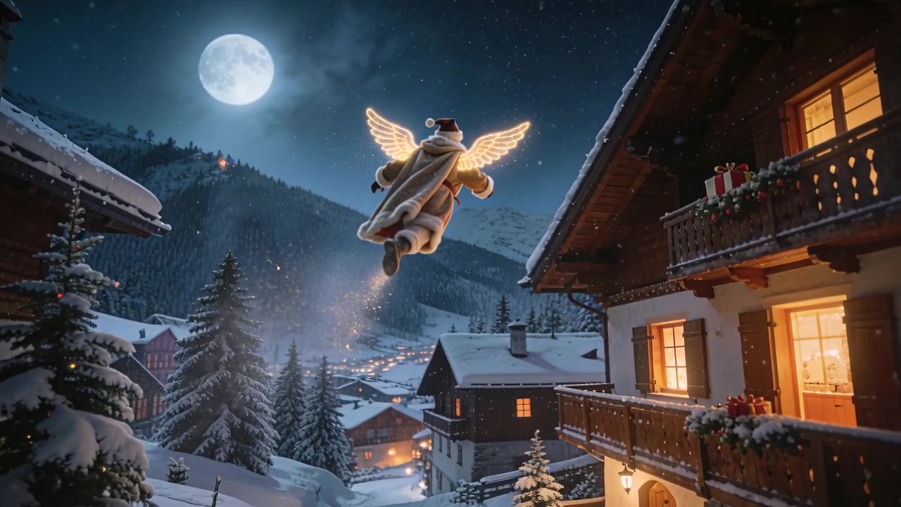 Babbo Natale al chiaro di luna con ali luminose che ascende e fluttua sopra un villaggio alpino verso i regali sul balcone