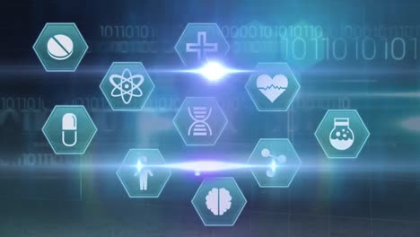 Animation-of-hexagon-medical-icons-and-binary-coding-on-blue-background