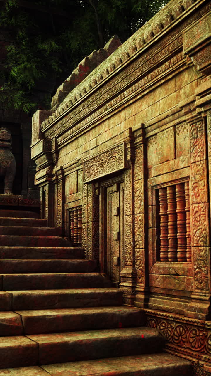 un templo de piedra con una puerta adornada y una escalera