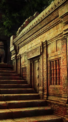 a stone temple with an ornate doorway and a staircase