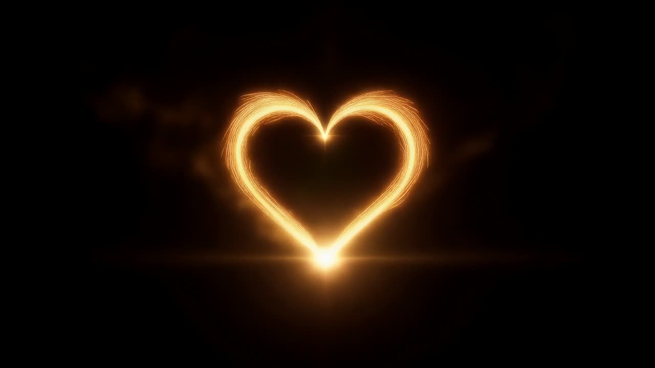 Appearing at edges, two gold streams forming glowing heart on black field, with flare and smoke