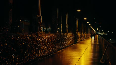 Puente-De-Colonia-Por-La-Noche-Gente-Caminando-Bajo-La-Lluvia