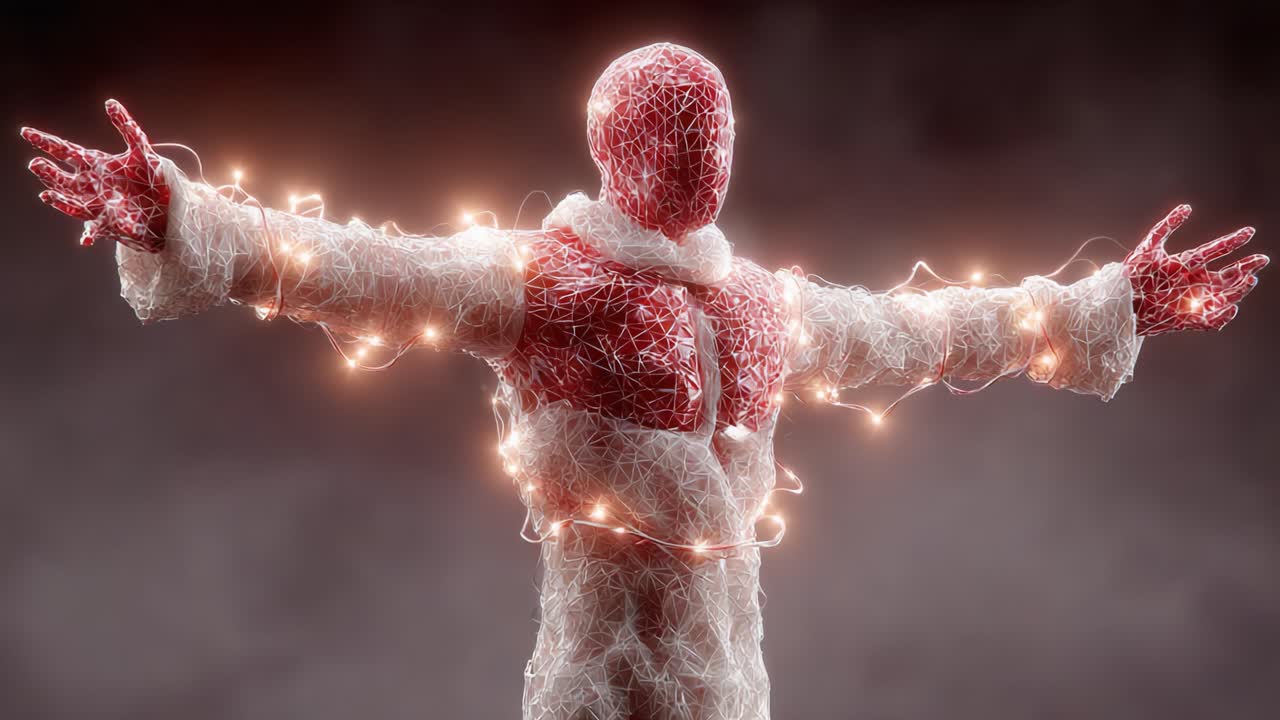 A Striking Sculpture of a Figure Embraced by Twinkling Lights, Capturing the Essence of Holiday Spirit and Artistic Expression in an Enigmatic Display of Light and Form