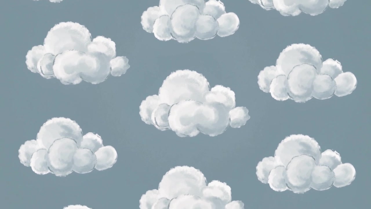 Frame-shifting central painted cloud cluster drifting upward on muted bluegray field, looping tiles