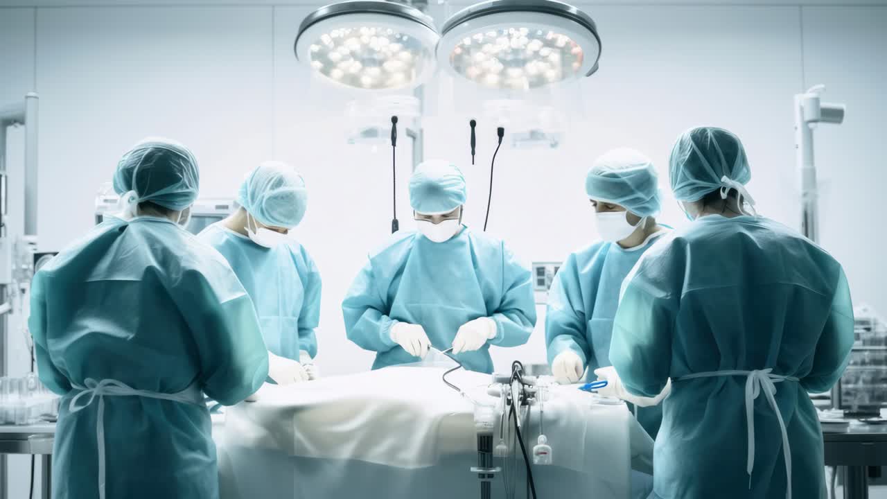Foto dall'alto di chirurghi in una sala operatoria sterile che eseguono un intervento chirurgico