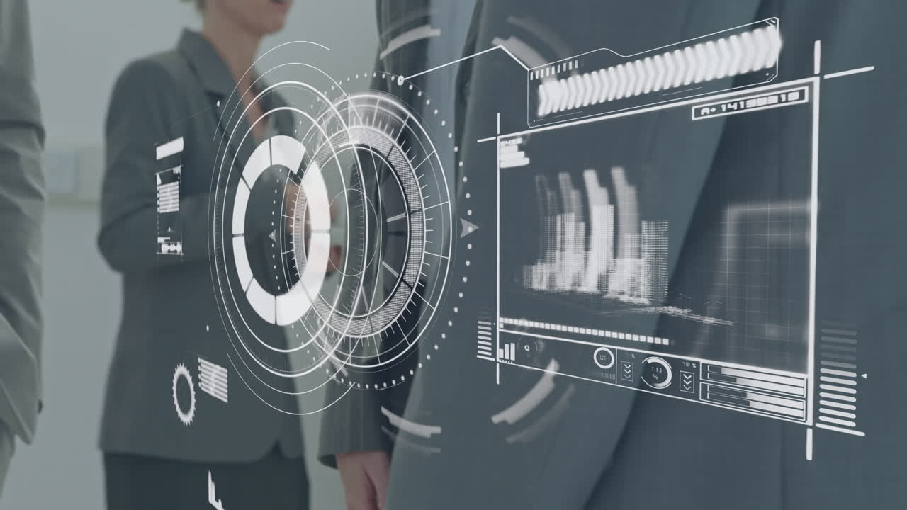 animación del procesamiento de datos financieros sobre hombres de negocios caucásicos que se dan la mano