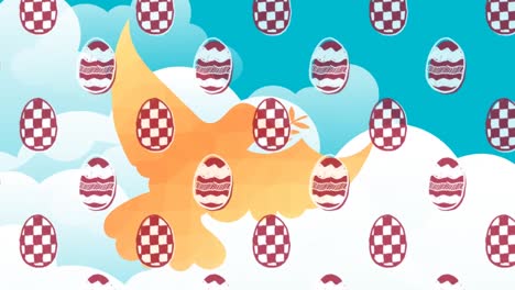 decorative easter eggs icons in seamless pattern against dove bird icon and blue sky