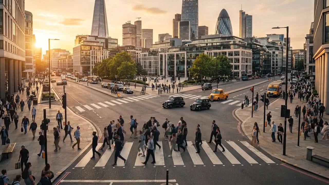 Commuters Crossing Busy London Street at Sunset