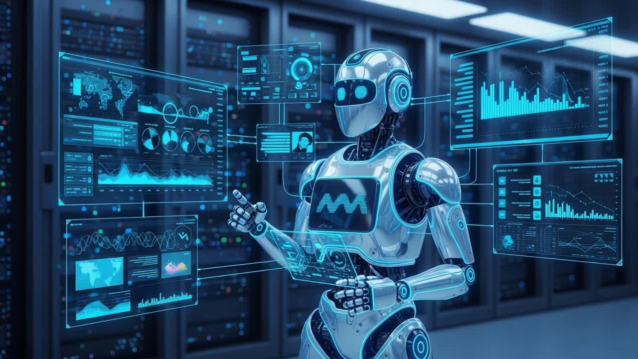 A futuristic robotic figure interacting with digital data displays in a technology-driven environment, showcasing advanced analytics and information processing capabilities