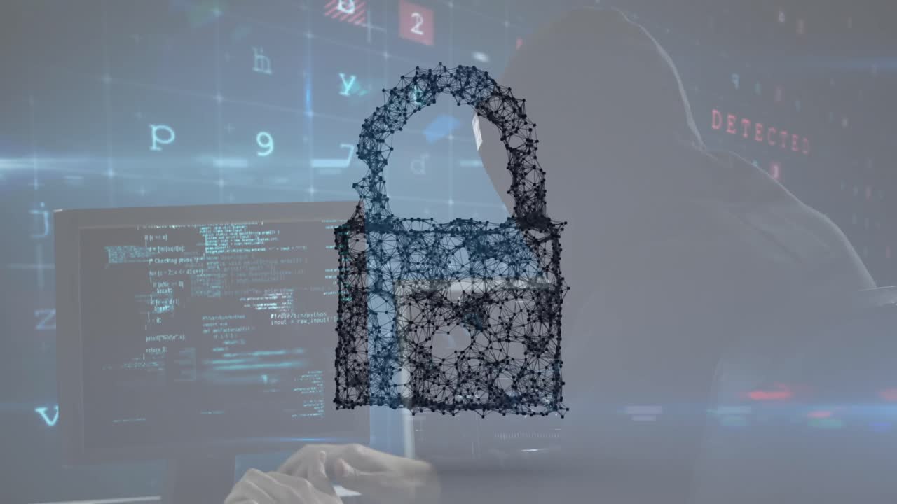 animación de números que caen y candado de seguridad en línea sobre hacker usando computadora
