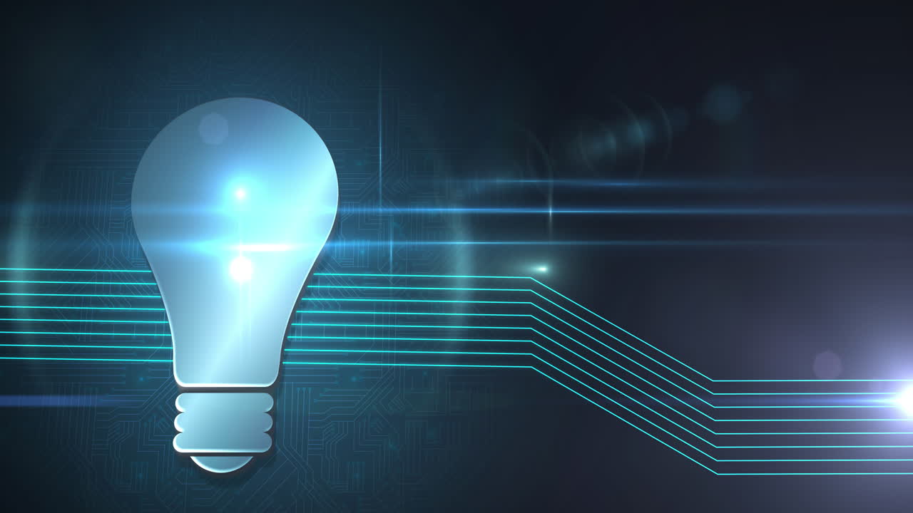 Animation of lighbulb symbol and green glowing lines over computer circuit board