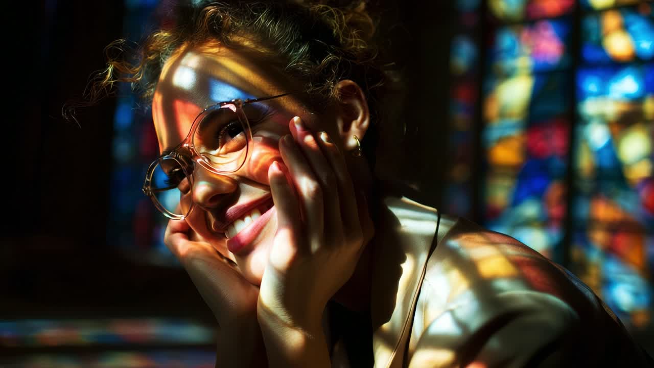 A Warm Smile Illuminated by Colorful Light Patterns, Capturing a Moment of Joy and Serenity in a Play of Shadows and Reflections on the Subject's Face