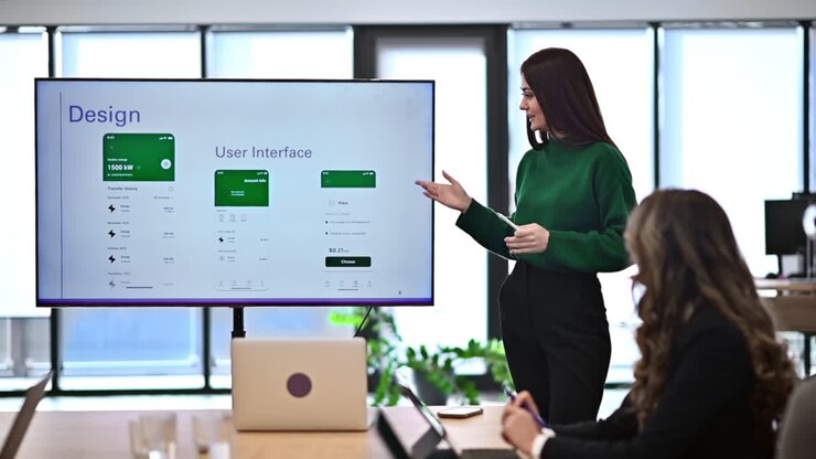 Female worker leading business meeting in an office, discussing business affairs with other workers using a big display with info. Slow motion