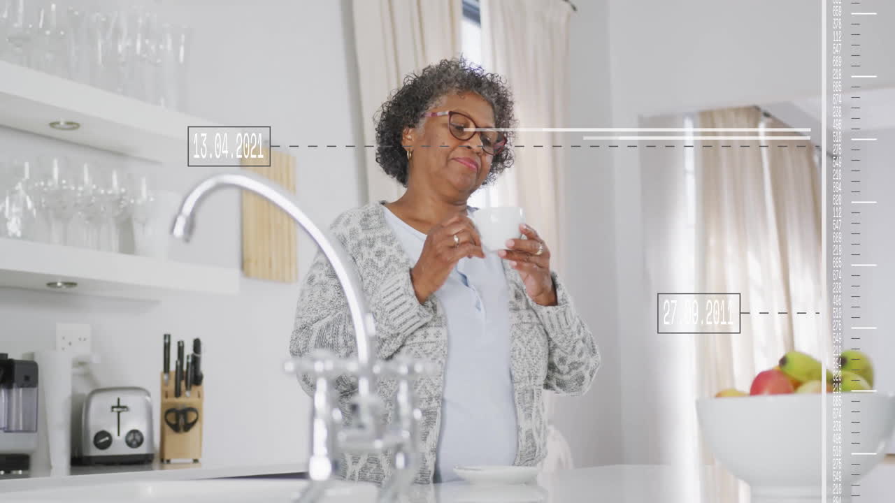In kitchen, elderly woman drinking coffee with date annotations in animation