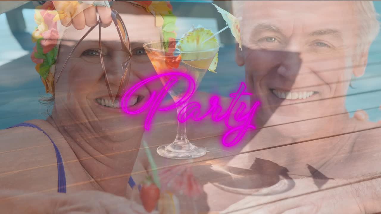 노인 백인 부부가 웃고 있는 파티 텍스트의 애니메이션