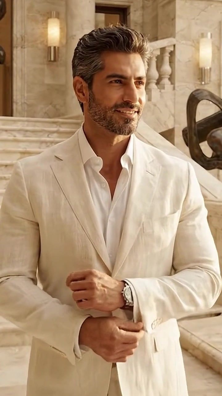 Un hombre distinguido con un traje color crema se yergue con confianza al pie de una elegante escalera, rodeado de arquitectura atmosférica y arte escultórico.