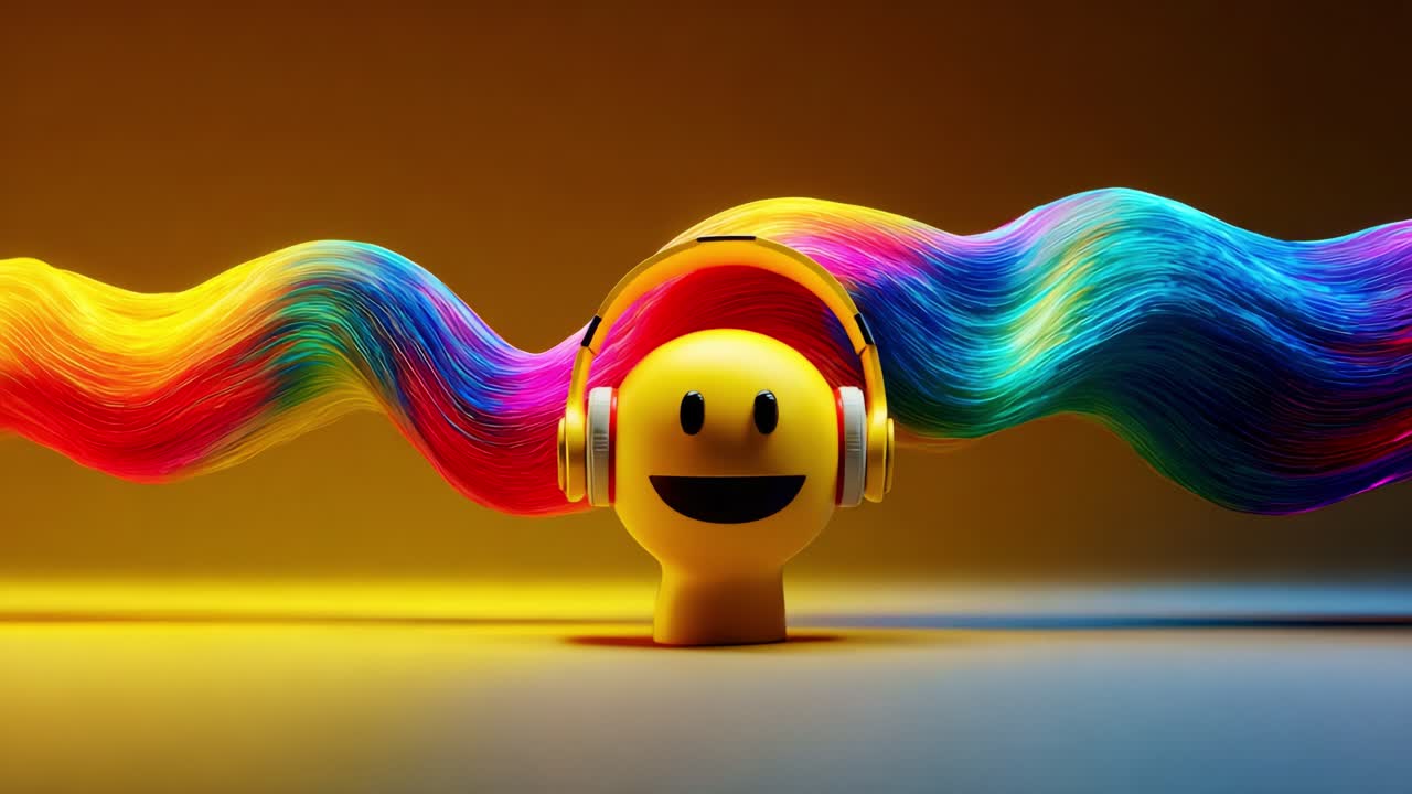 A Vibrant Character with Colorful Hair and Headphones: A Playful Representation of Music's Joy, Merging Bright Colors and Music Cues into an Engaging Visual Experience
