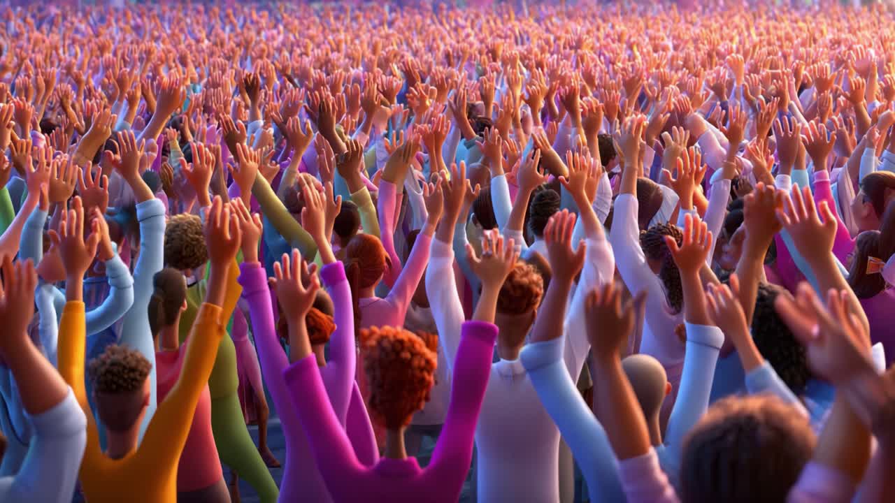 A Vibrant Crowd Celebrating Together with Outstretched Hands, Capturing the Essence of Unity and Joy in a Colorful and Engaging Scene of Collective Exuberance and Euphoria