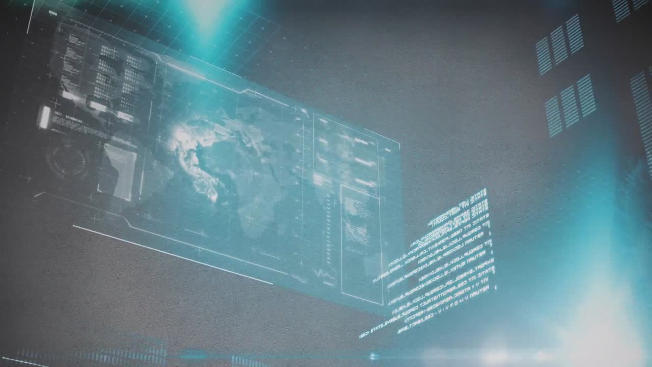 데이터 처리 및 회색 배경에 대한 파란색 빛 점과 인터페이스의 애니메이션