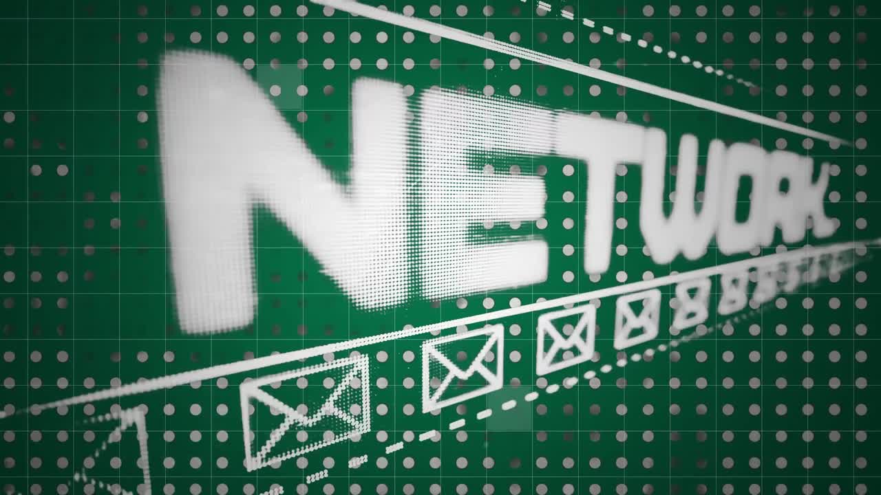 palabras red social y sobres que se mueven sobre fondo verde