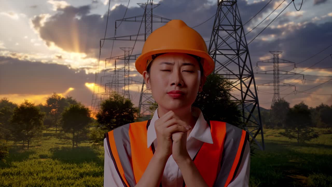 Kvinde, ingeniør, der beder med foldede hænder nær højspændingsledninger ved solnedgang