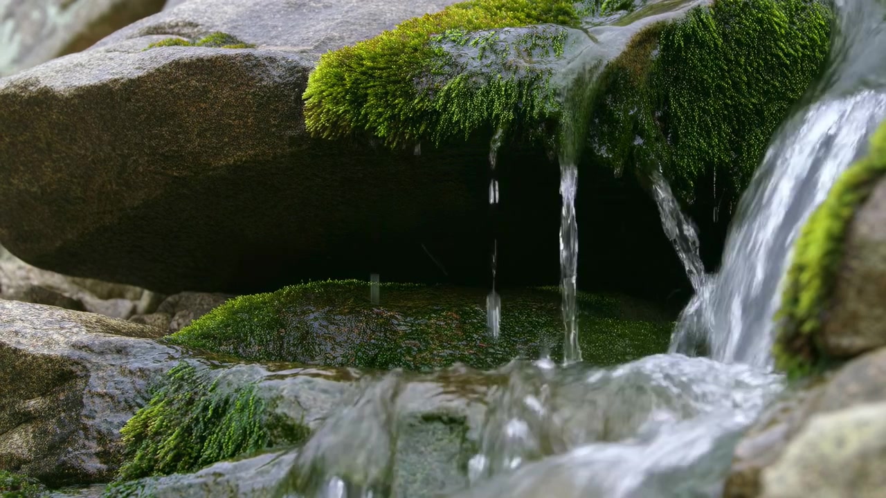 Close-up view of a small mountain stream where water cascades over a large horizontal granite rock draped in bright green moss. Thin drips fall from the rock