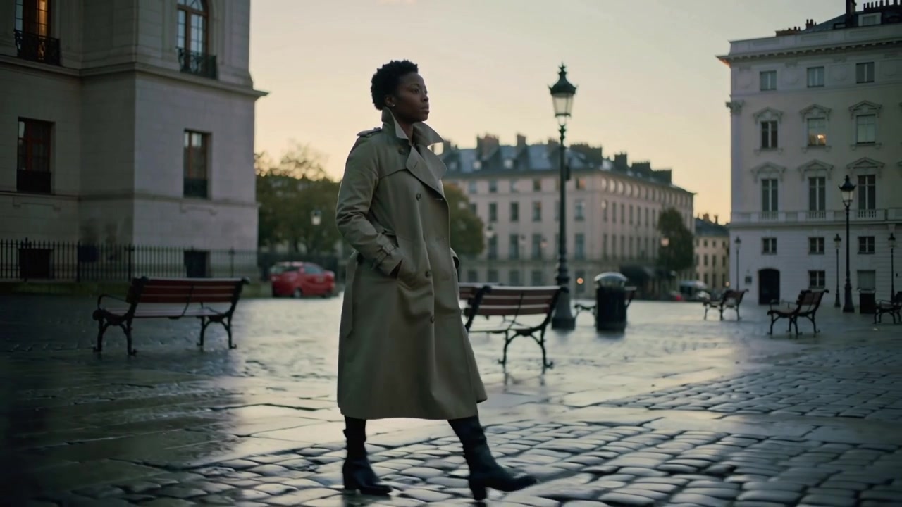 Entering frame, woman in trench coat and heeled boots walking across wet cobbles, heading right