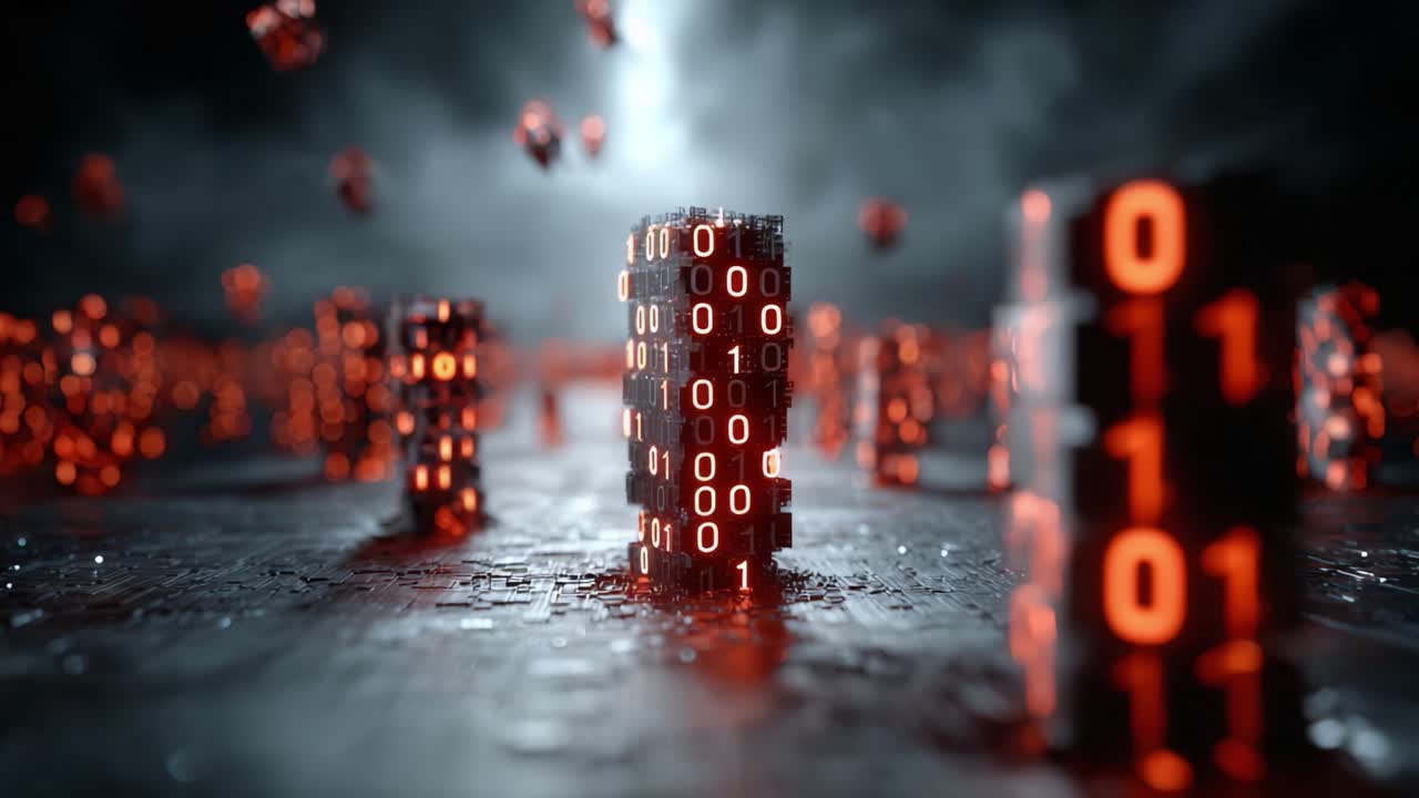 Digitální krajina binárních věží osvětlených žhnoucími červenými čísly, představující složitosti dat a informačních technologií ve futuristickém prostředí.