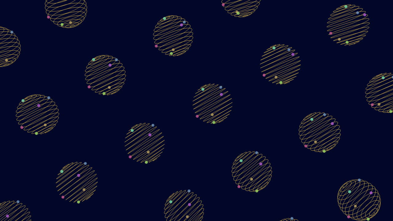 A vibrant design featuring colorful circles in shades of yellow, blue, and purple arranged in circles, contrasted by black zigzag lines on a dark blue background