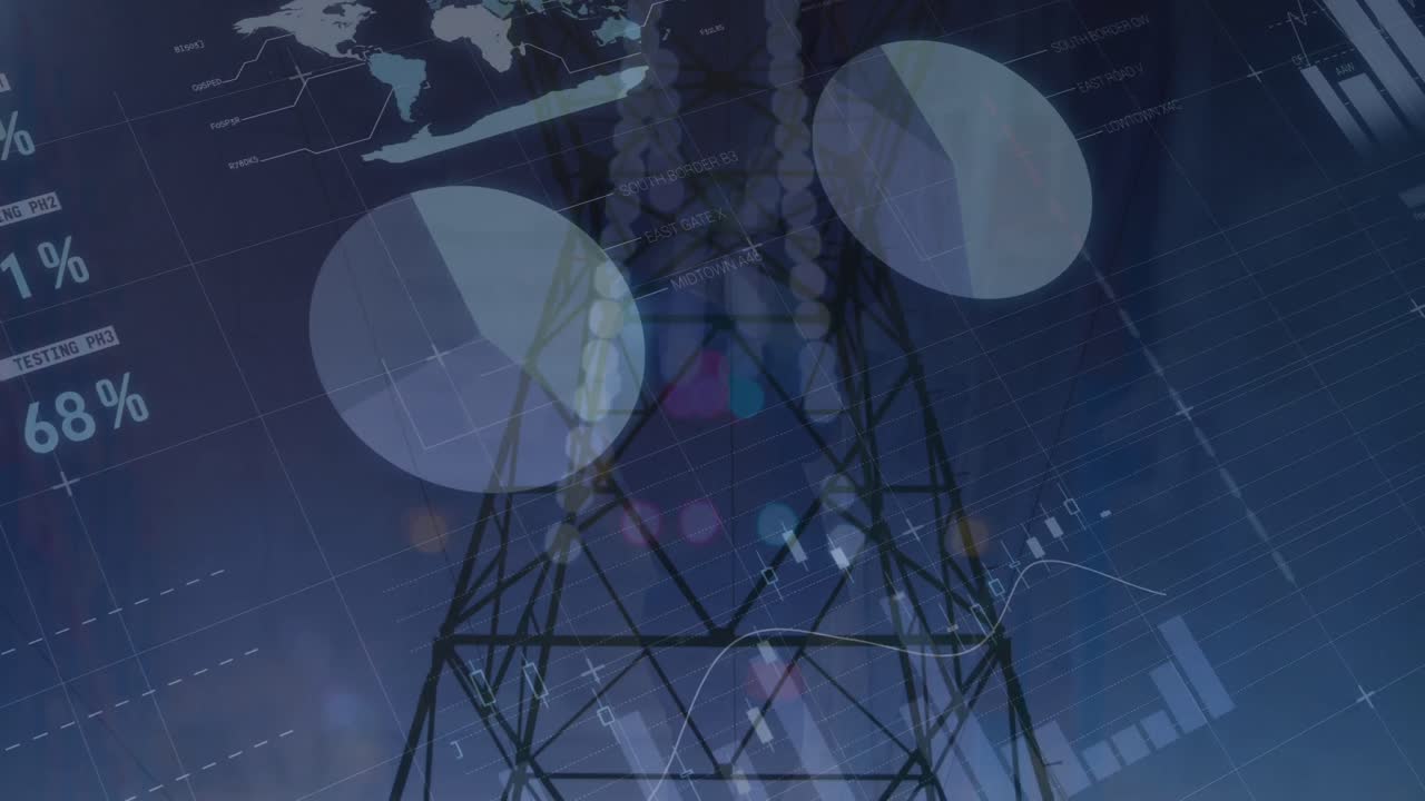animación de gráficos y datos financieros sobre los postes de electricidad al anochecer