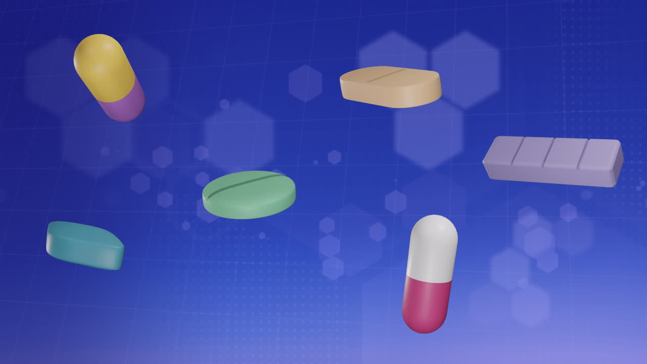 파란색 배경에 움직이는 모양과 알약의 애니메이션
