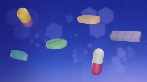 animation of shapes and pills moving on blue background