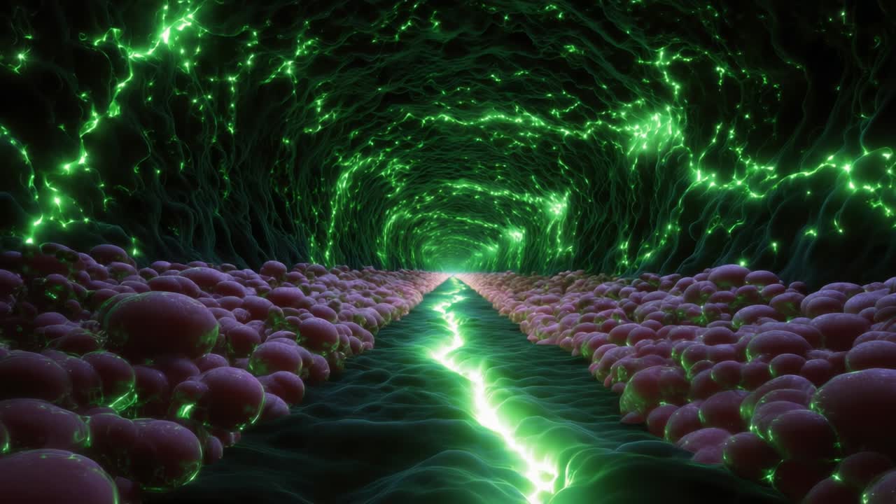 A mesmerizing view inside a vibrant microscopic tunnel showcasing swirling green lights and clusters of pink cells, creating an ethereal atmosphere that evokes wonder about the microscopic world of cellular structures
