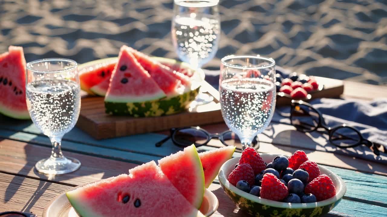 Bright summer picnic setting with ripe watermelon wedges and scattered berries on rustic wooden surface. Sunlight glinting through chilled water glasses, evoking relaxed outdoor dining mood