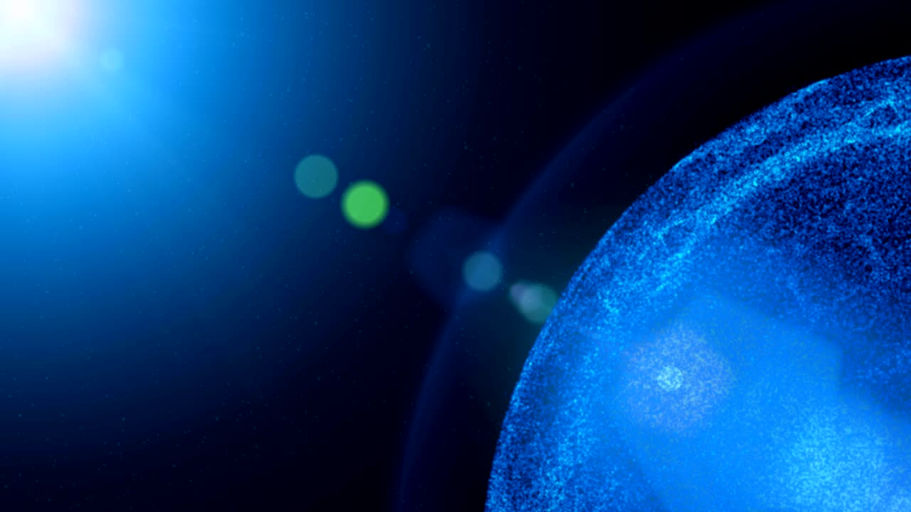 블루 렌 플레어 우주 배경에서 회전하는 행성