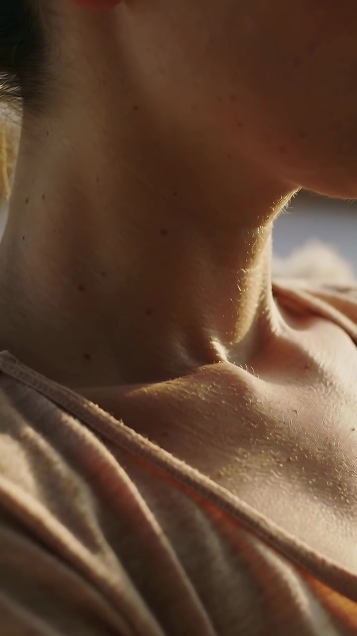 Video verticale: Torso femminile che ruota, l'ombra sul collo che si sposta mentre la luce del sole cambia, mostrando una canotta
