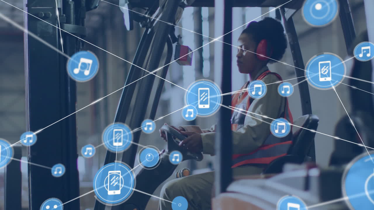 창고에서 일하는 아프리카계 미국인 여성에 대한 아이콘과 연결 네트워크의 애니메이션