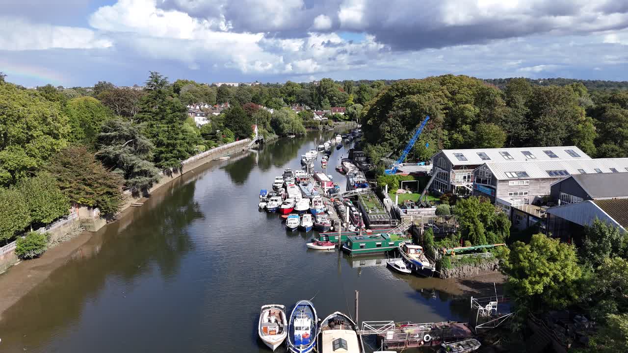 Boats moored Eel Pie Boatyard River Thames Twickenham UK drone,aerial