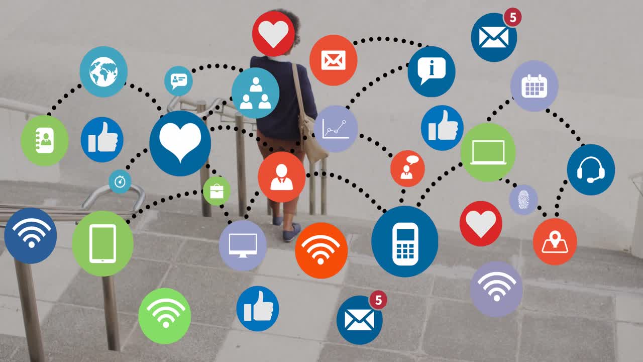 animación de conexiones con iconos y datos comerciales sobre la mujer afroamericana en la ciudad.