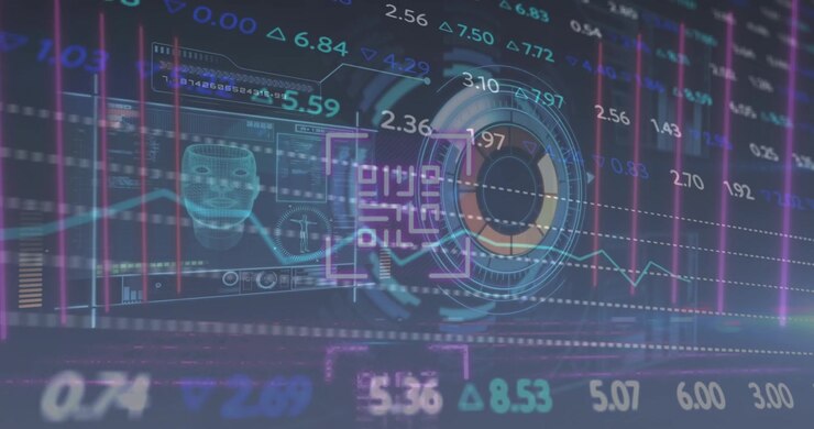 Animation of rotating safe lock with financial data processing on interface