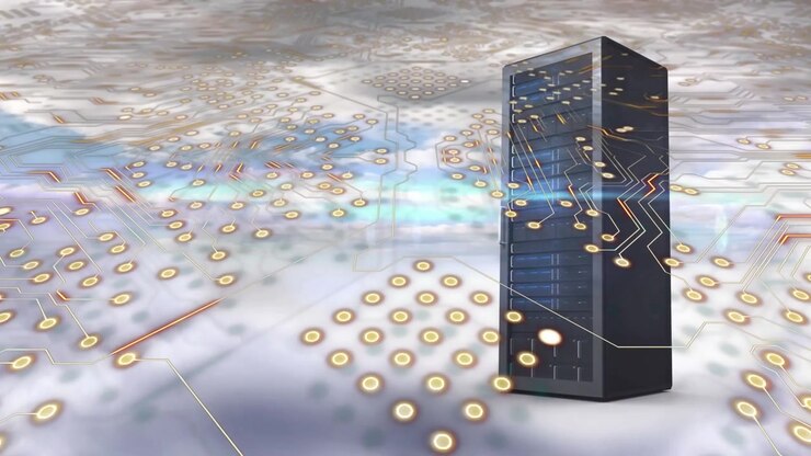 Questa animazione mostra una rete di circuiti di computer con scie luminose in movimento su uno sfondo trasparente
