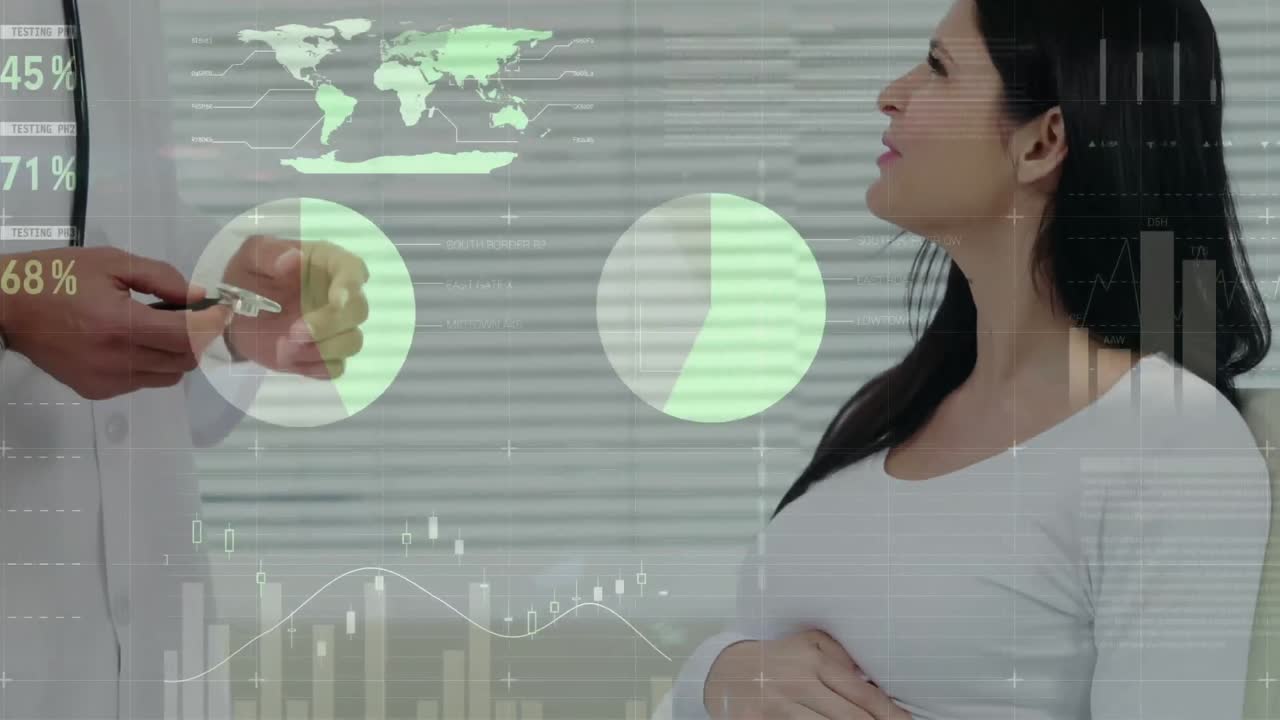 animación de procesamiento de datos estadísticos sobre un médico caucásico hablando con una mujer en el hospital