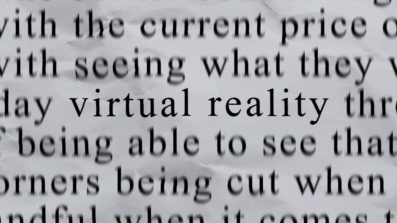 VIRTUAL REALITY Text in Centre with High-energy Fast Text Stop-Motion Writing Cycling Rapidly on Crinkled Texture Paper. Newspaper Cuttings Style animation. 4K.