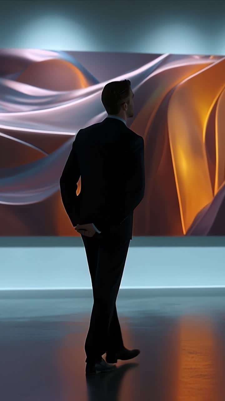 En eftertænksom besøgende interagerer med abstrakt kunst i et moderne gallerimiljø, der indfanger essensen af moderne æstetik og kunstnerisk udtryk.