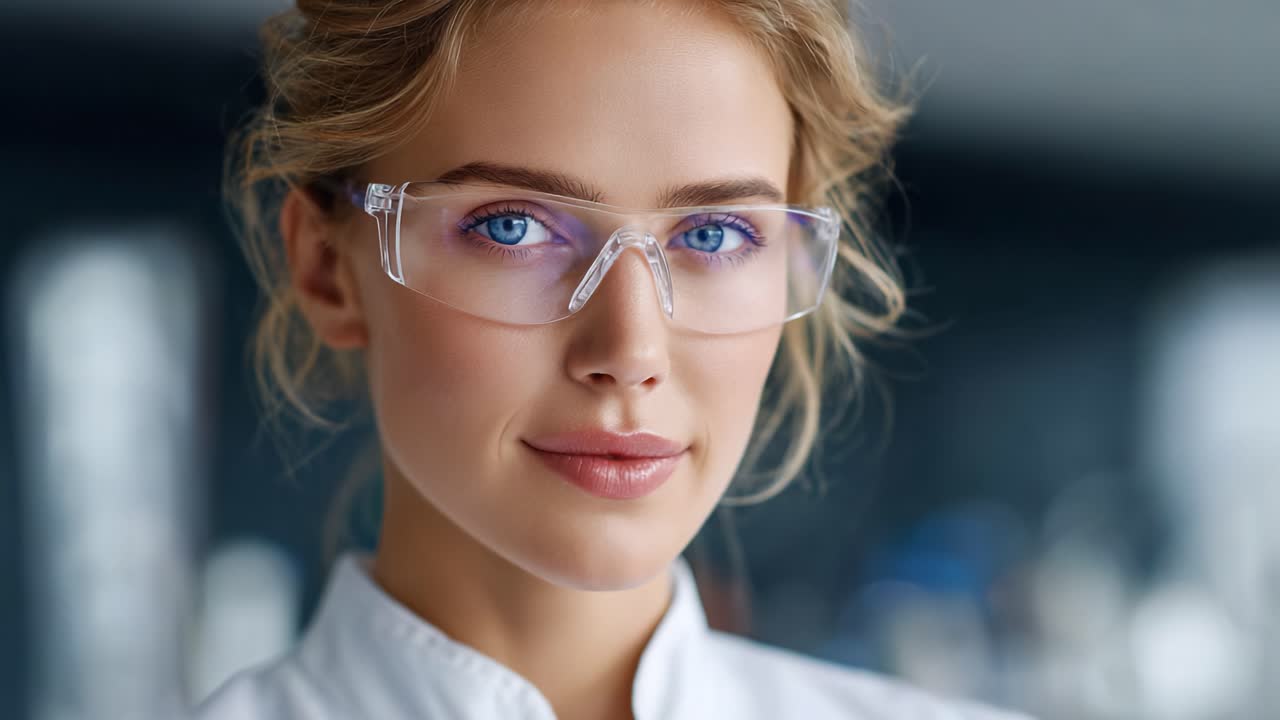 A Confident Young Woman in Protective Eyewear Smiles Radiantly, Highlighting Professionalism and Precision in a Laboratory Environment