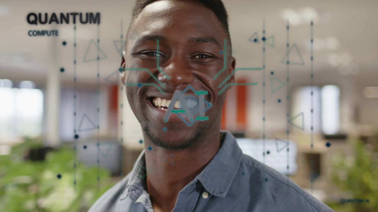 Man smiling and activating QUANTUM AR growing into circuit emblem aligning with mouth showing tech